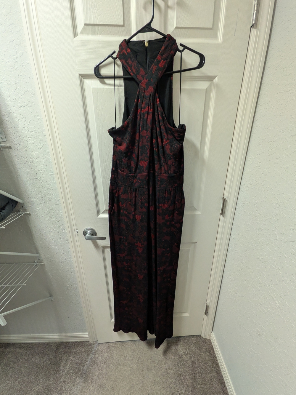 Michael Kors Black & Burgundy Floral Cross-Back Jumpsuit with Pockets
